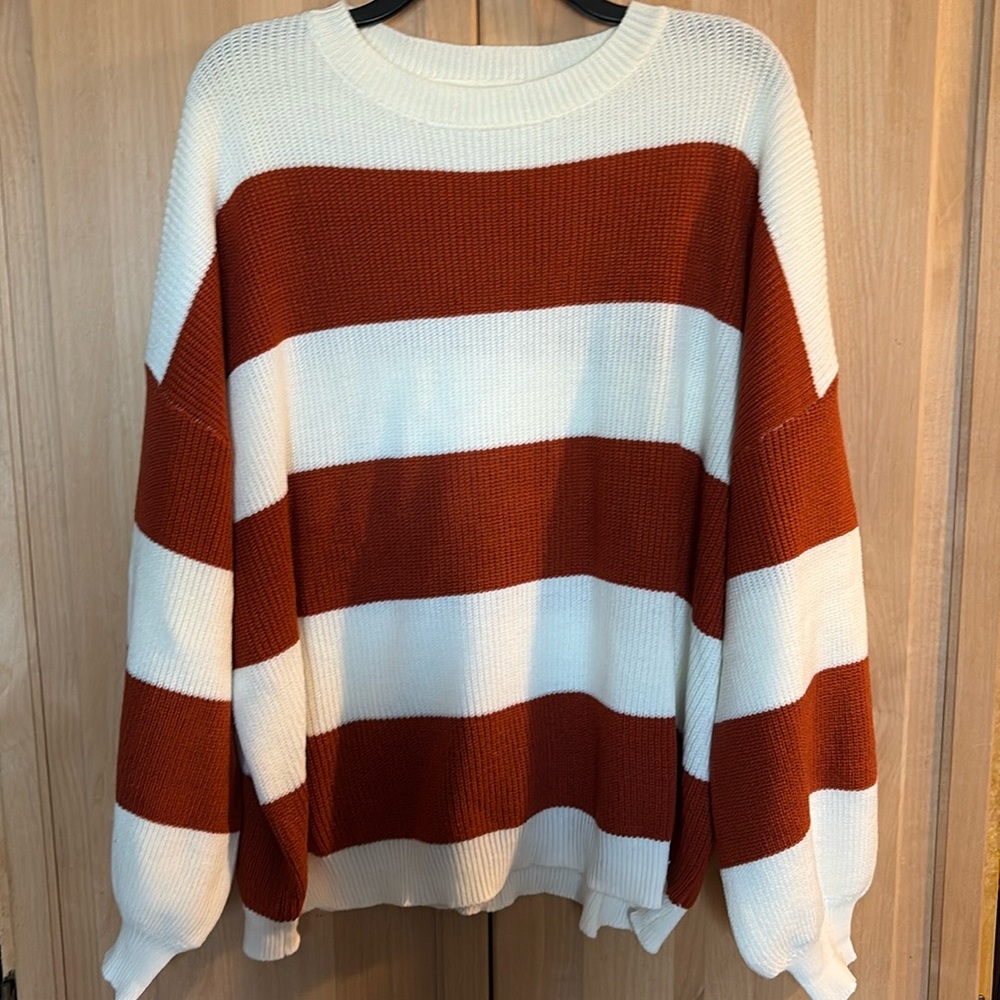 SHEIN Cream and Rust Wide Stripe Crewneck Sweater